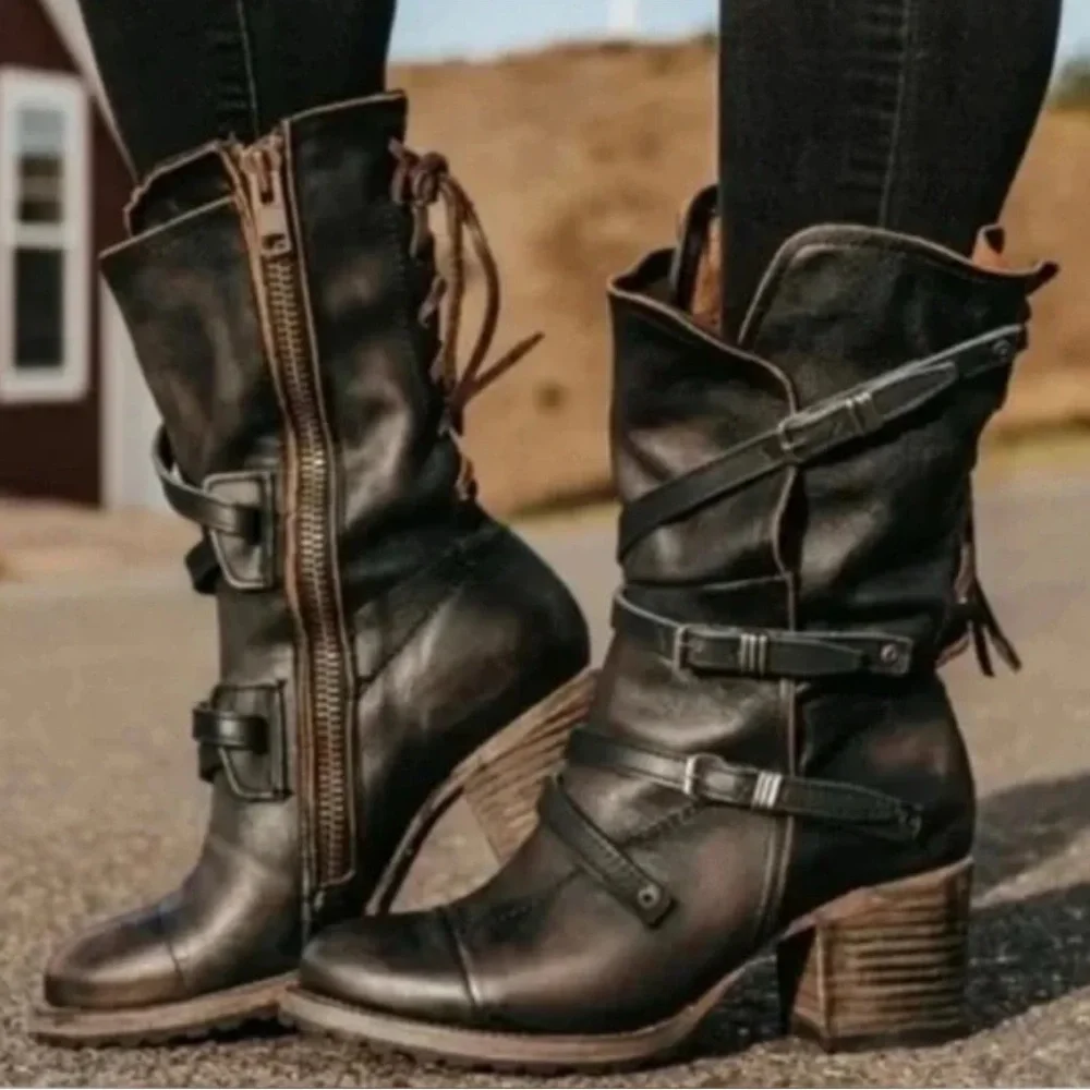 Freebird by Steven Steve Madden Cora Boho Distressed Buckle Lace Up Slouch Boots - Picture 4 of 7